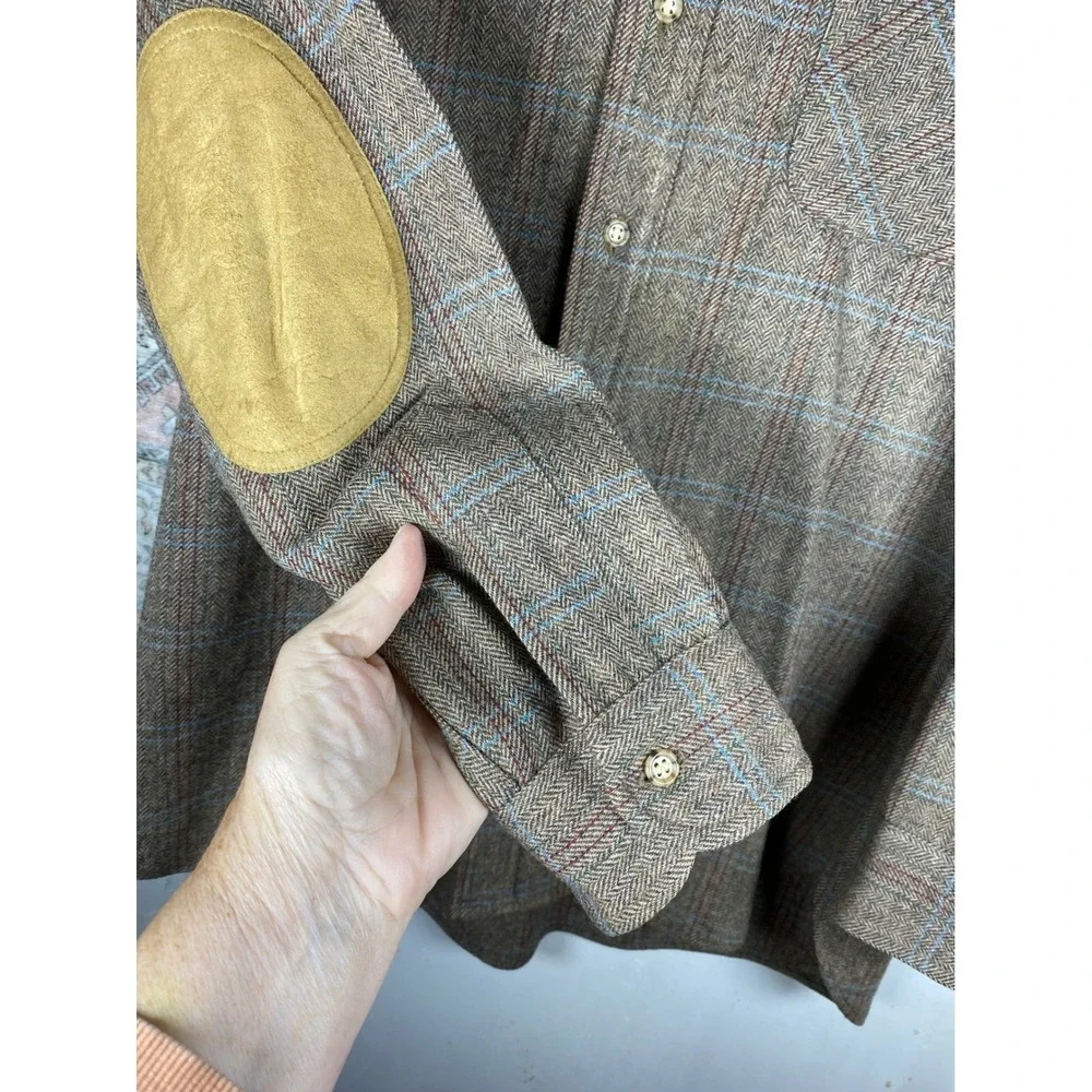Vintage Pendleton Wool Trail Shirt Men L Brown Plaid Excellent Elbow Patches